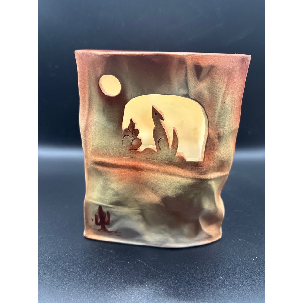 Vintage 1990 Signed Ceramic Coyote Desert Music Box Southwestern Paper Bag Art
